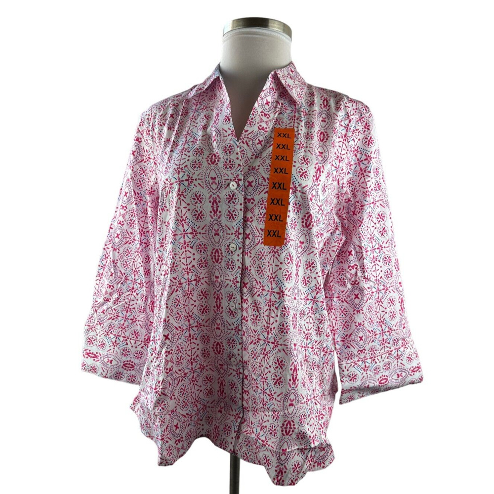 NWT Foxcroft NYC Pinpoint Non Iron Stretch Poplin Shirt Hibiscus Floral XXL - Picture 2 of 8